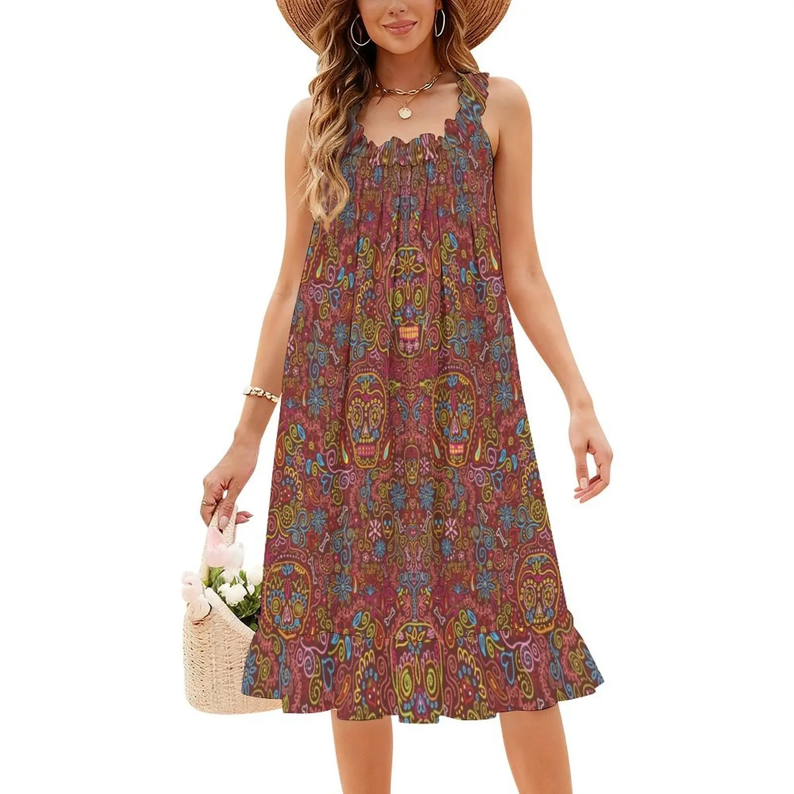 فستان كاجوال من Day Of The Dead Calaveras Sugar Skulls على الطراز الكوري للنساء فساتين مكتب يومية بسيطة للسيدات يوم الموتى #4