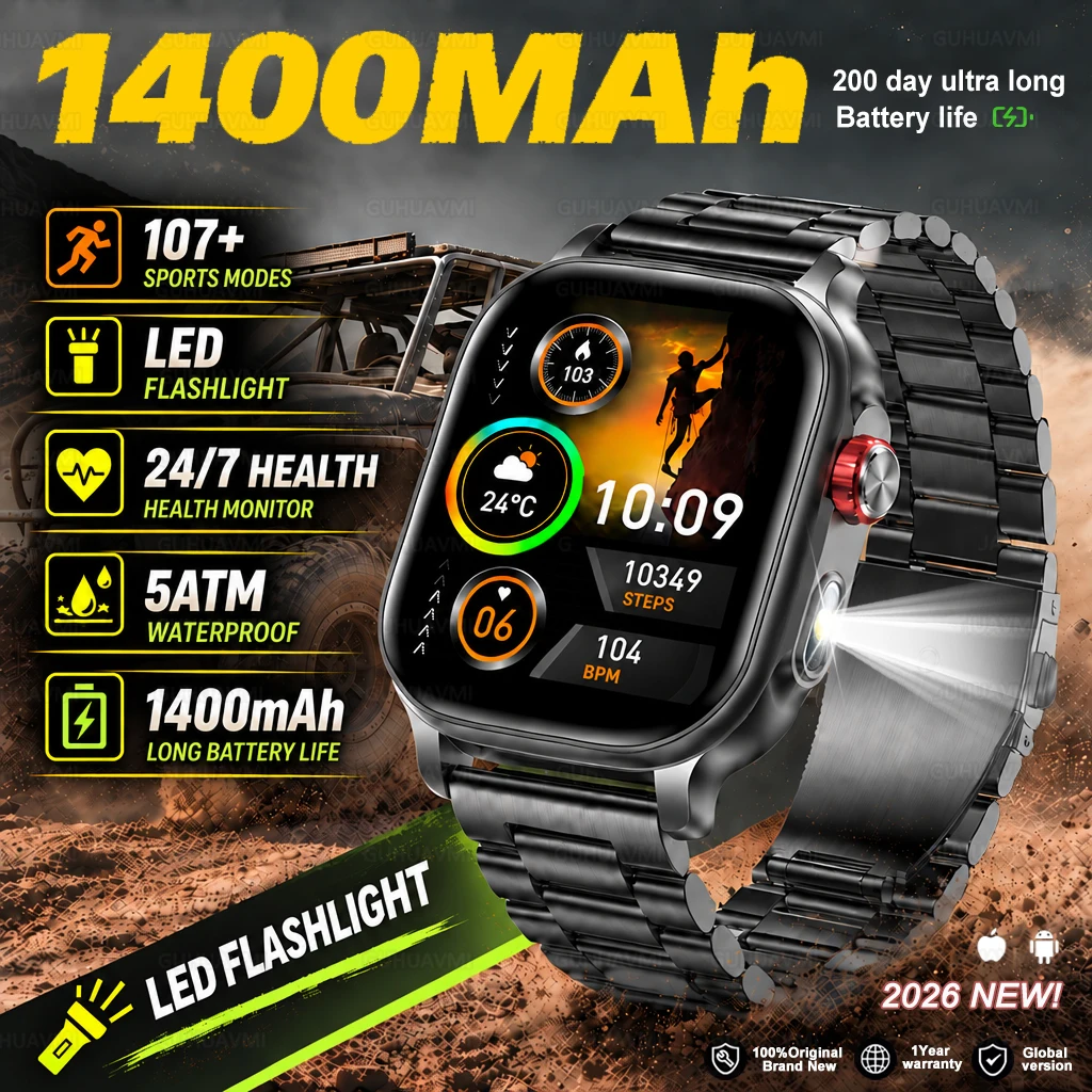 2026New Men Outdoor Smart Watch 1400mAh 5ATM Waterproof LED Flashlight 100+Sport Modes Health Monitor Smartwatch For Android iOS