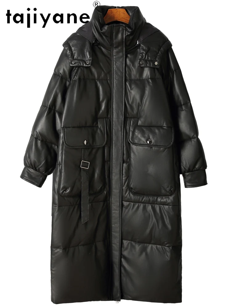 TAJIYANE 100% piumino d'oca in pelle di pecora a grana superiore con cappuccio nero lungo piumino in vera pelle donna 2025 abiti invernali و