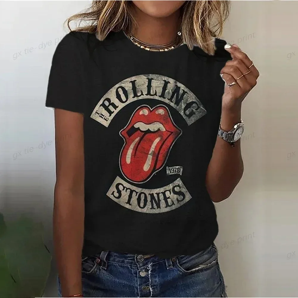 Rollno Stones Red Lips Summer Women Fashion Sexy Print Harajuku T Shirt Fashionable Summer New Round Neck Printed Short Sleeve T