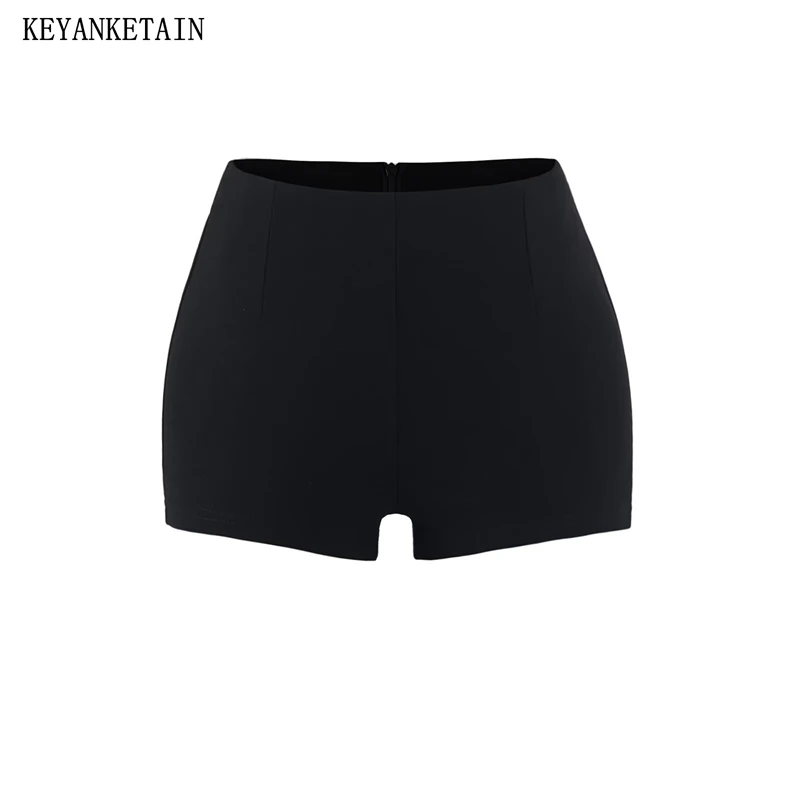 

KEYANKETIAN Summer New Women's Black Tight Shorts Leisure style Xshape Back Slim Zipper High Waist Pockets Thin Straight Pants