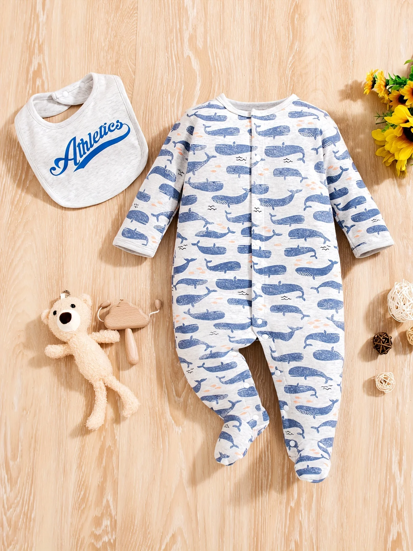 Infant\'s Cartoon Whale Print Cotton Bodysuit, Comfy Long Sleeve Onesie, Baby Boy\'s Clothing, As Gift