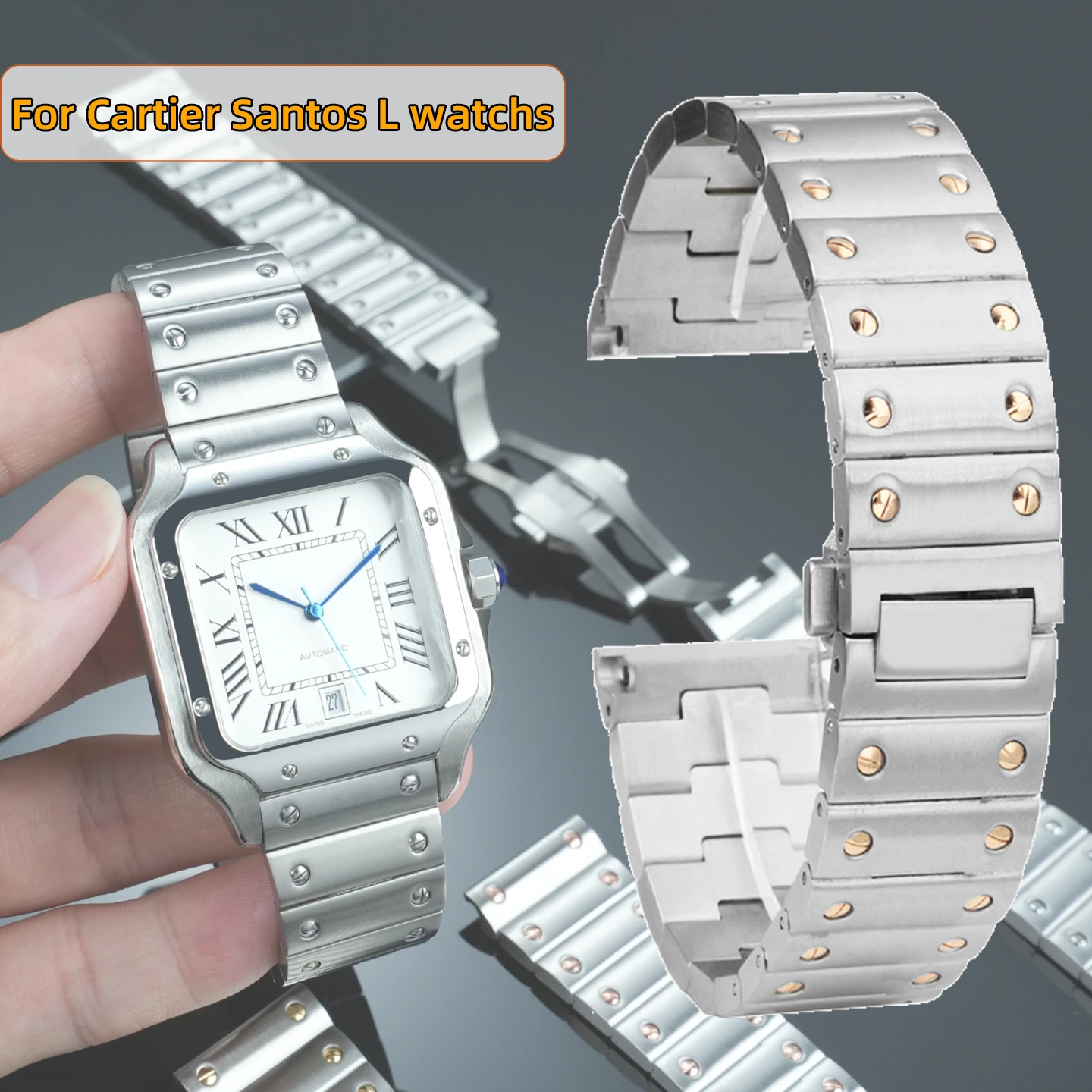 ‌ Solid Steel Watch Strap for Cartier men's Santos Replacement Santos L Series watch band  Silver/Gold/Rose Gold 21mm Bracelet