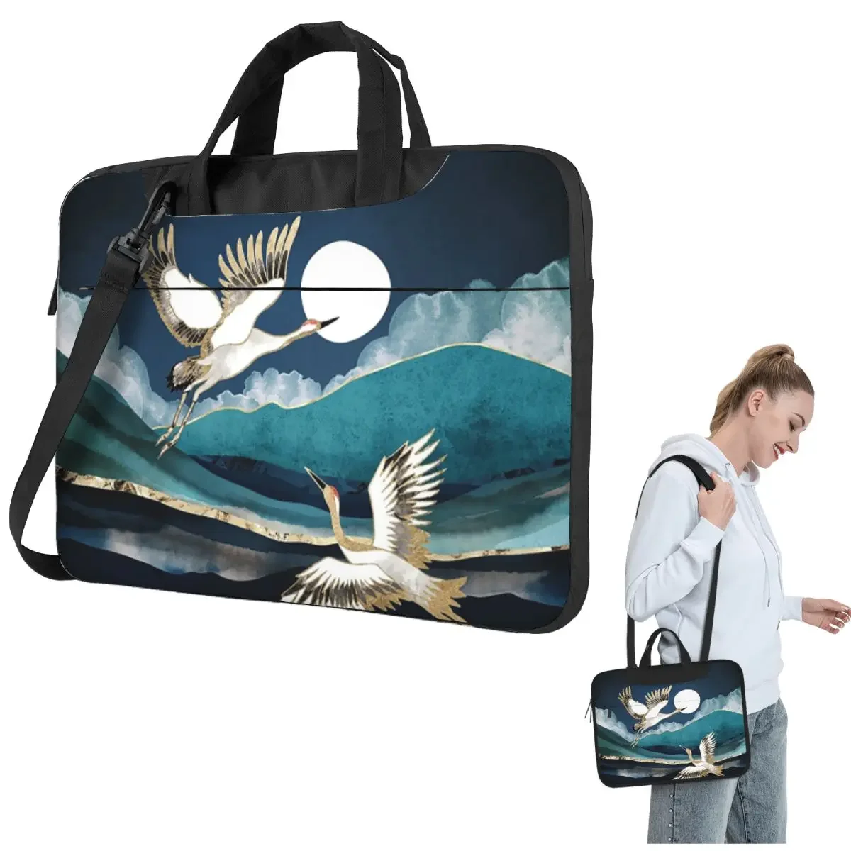 Midnight Cranes Crossbody Laptop Bag Case Computer Bag Resistant Protective Notebook Pouch for Lenovo