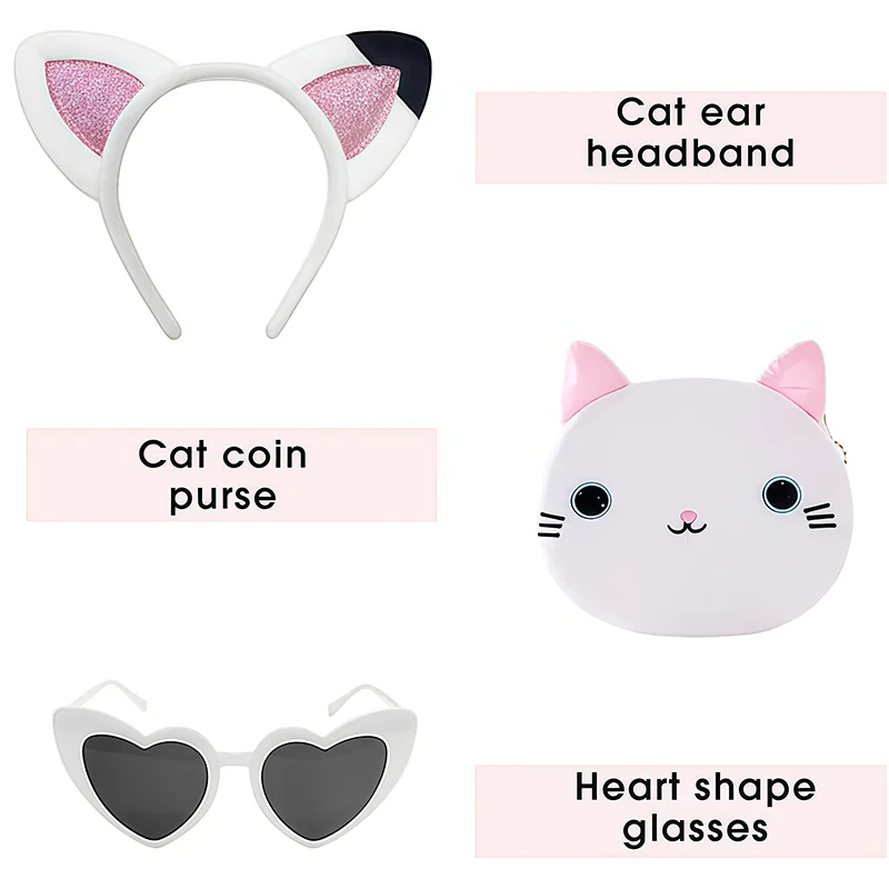 3PCS Kids Dress Up Accessories Sets Cute Cat Ears Headband Purse With Glasses For Girls Halloween Birthday Party Festival Gifts