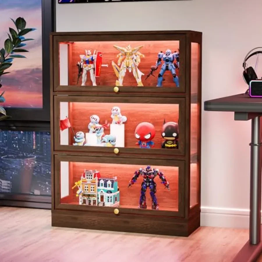 Display Cabinet for Collectibles and Toys: Acrylic Glass Doors, 3-tier Curio Cabinet with LED Lighting, White Finish, Space-sav