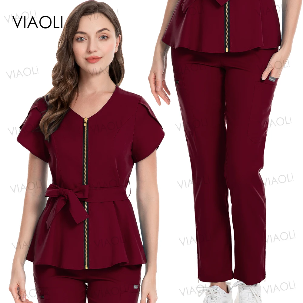 Uniformes médicos elásticos para mujer, ropa de trabajo de belleza, conjunto de blusa + Pantalones rectos, Tops quirúrgicos, pantalones, accesorios de enfermería