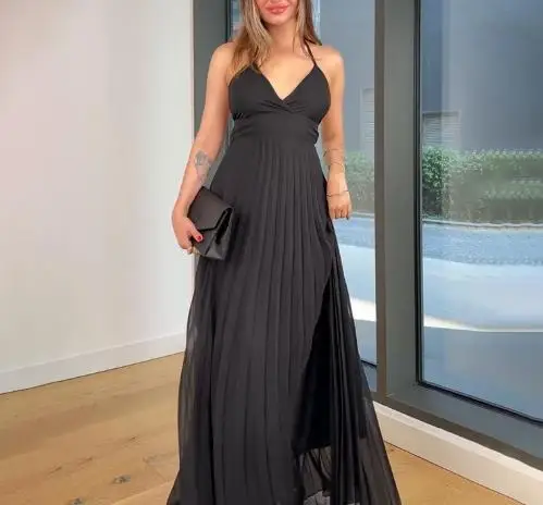 

French Elegant Women's Camisole Dress Sleeveless V-Neck Backless Pleated Skirt for Women Elegant Sexy A-Line Hanging Neck Dress