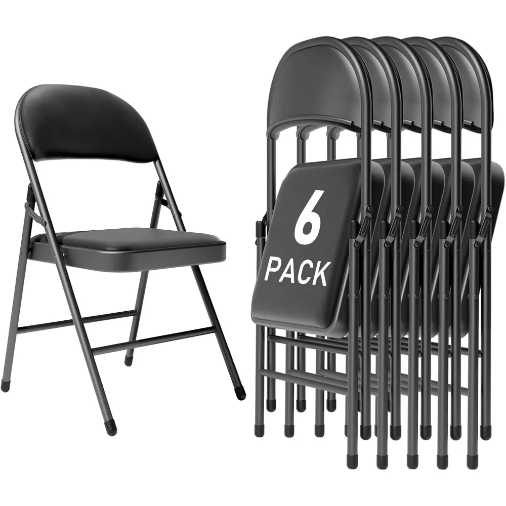 

6 Pack Black Folding Chairs with Padded Cushion and Back for Outside Portable Stackable Commercial Foldable Chairs with Steel Fr