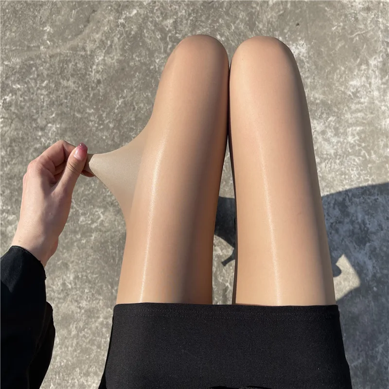 Stoking Wanita Seksi Mengkilap Elastis Tipis Berkilau untuk Klub Malam, Pantyhose Glossy Transparan