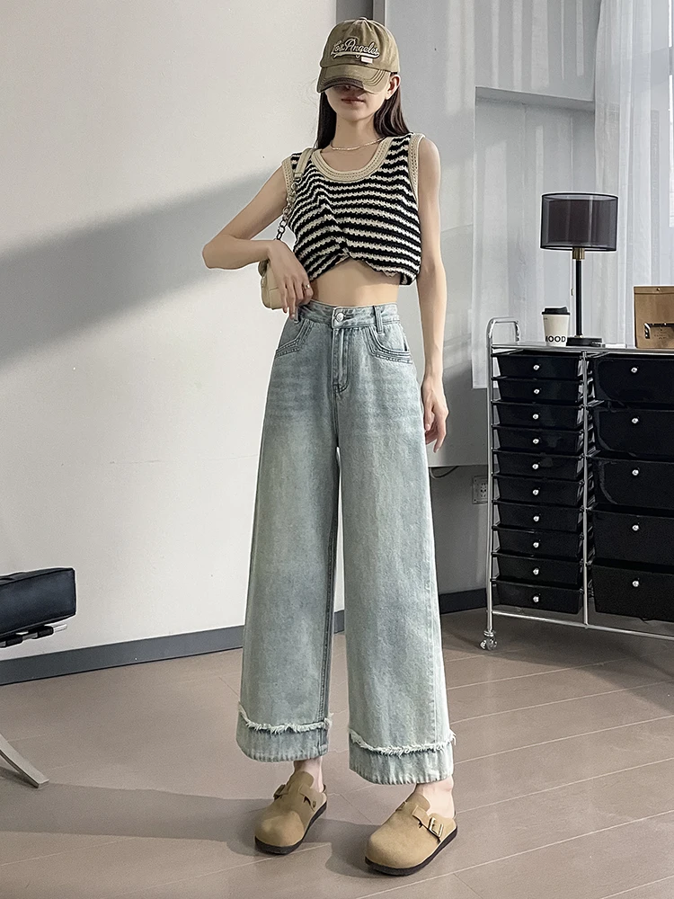 Jean d'été pour femmes, jambes larges, ample, longueur cheville, pantalon, mode coréenne, Streetwear, délavé, couleur bleue, Wh7, 2024