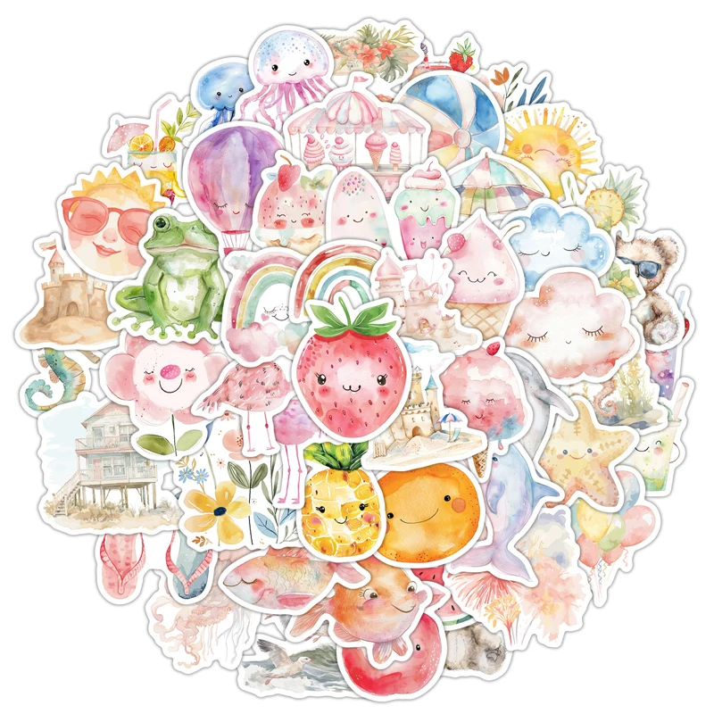 

50 шт. летние акварельные наклейки, эстетика, животные, фрукты, акварельные наклейки, водостойкий винил для бутылки с водой, ноутбука, телефона