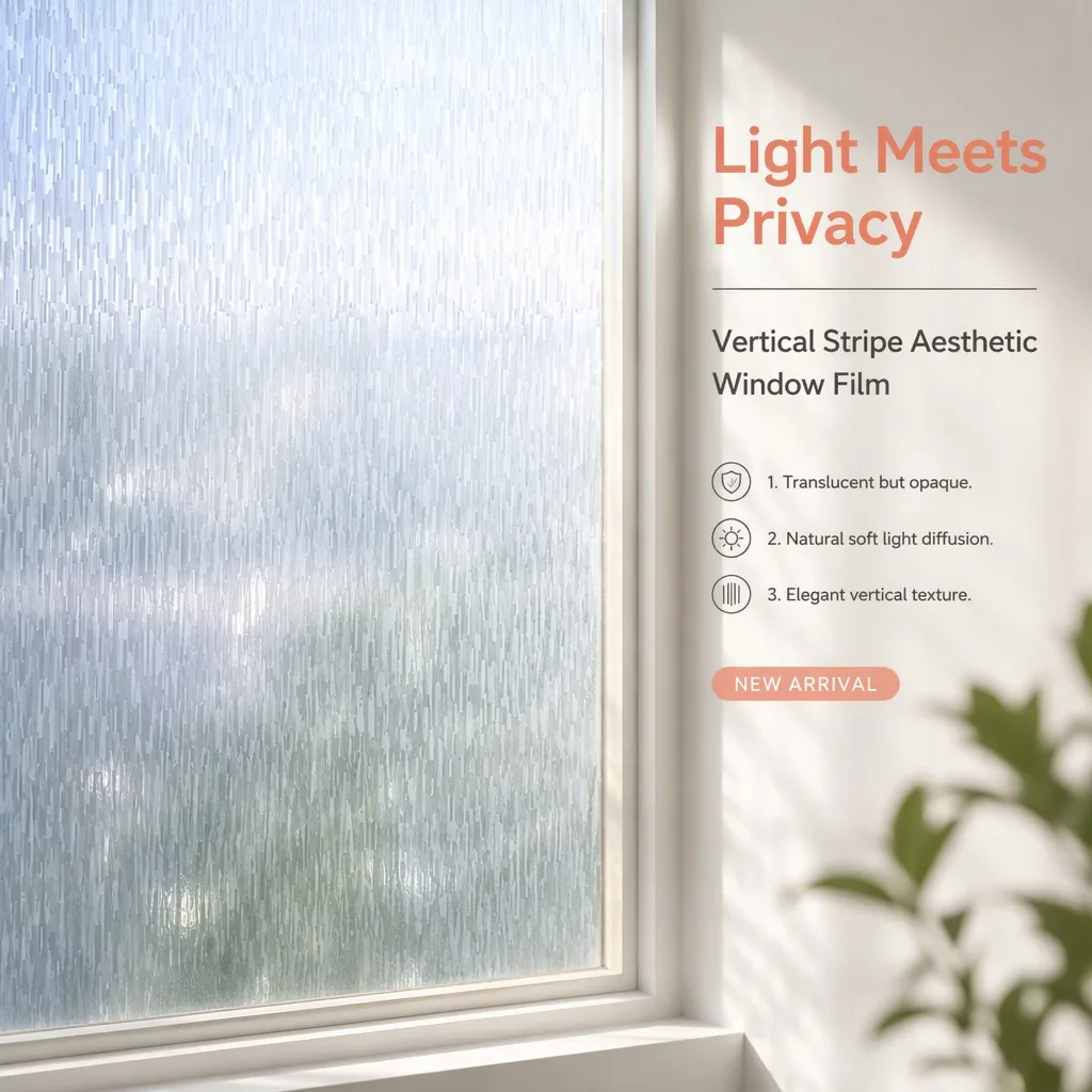 Vertical Stripe Privacy Window Film Static Cling Frosted Translucent Glass Sticker Non-Adhesive for Bathroom Bedroom