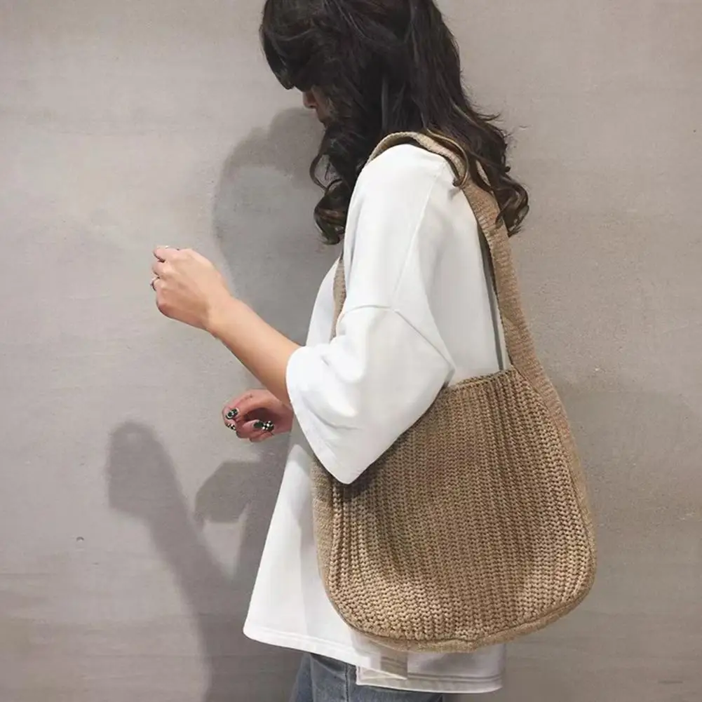 Women Knitting Shoulder Bag Large Capacity Handmade Knitted Solid Color Vintage Tote Bag Shopping Bag bolso mujer сумка женская