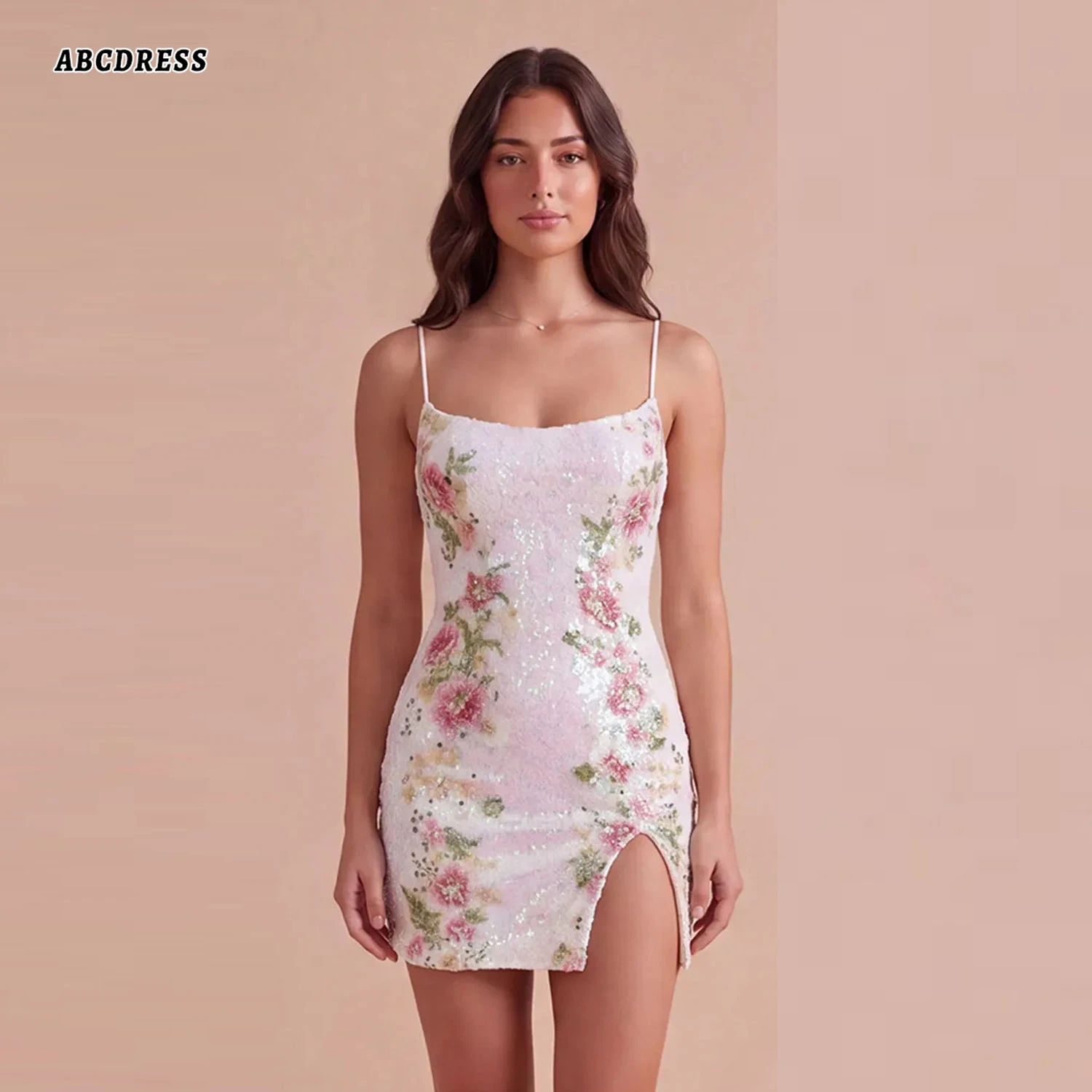 Customized Sparkly Sequins Floral Homecoming Dress Spaghetti Strap Mini Cocktail Dresses Bodycon Prom Evening Gown with Slit
