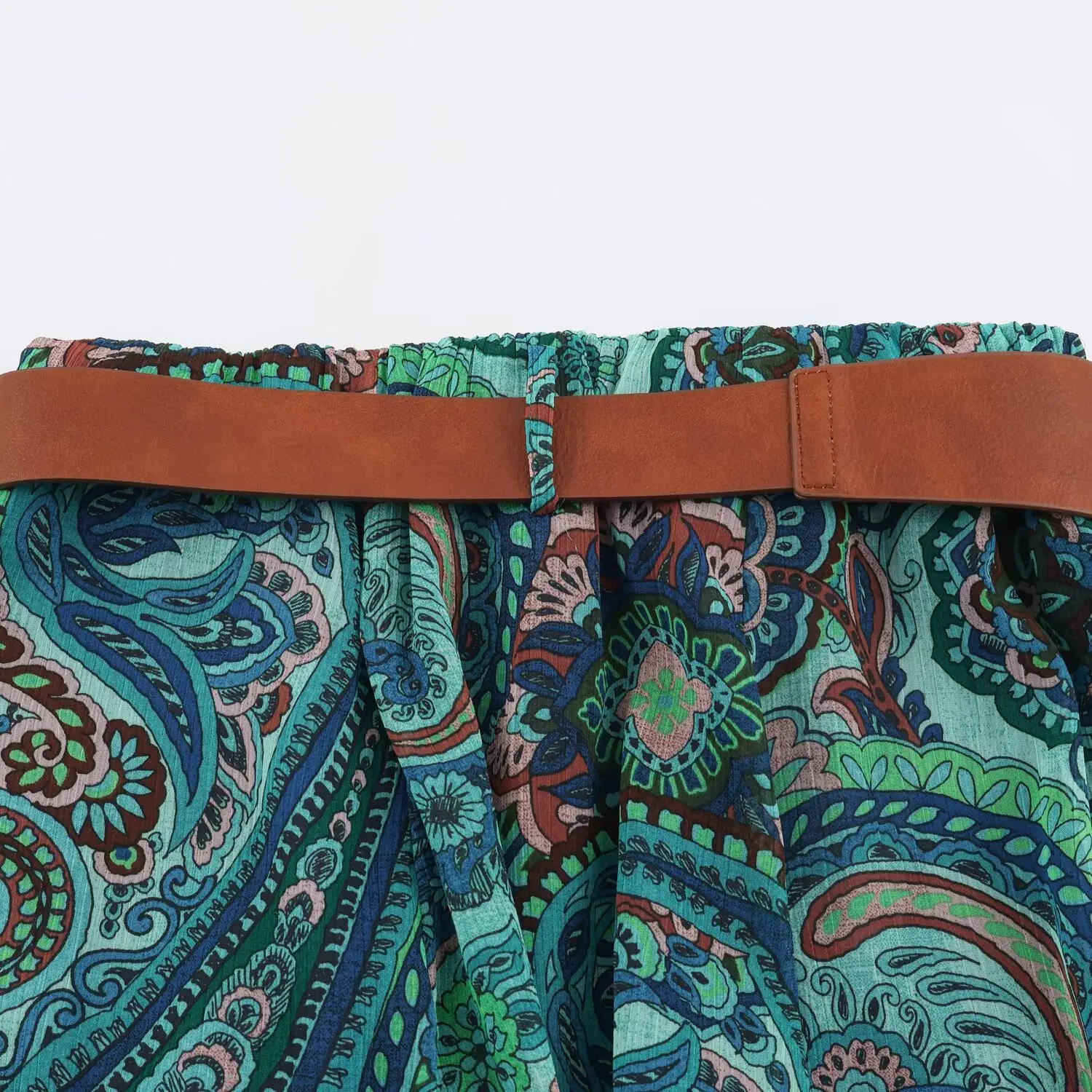 BSAY Boho-Midirock mit Paisley-Print für Damen, elastischer, hoher Bund, A-Linie, langer Rock mit Gürtel, Vintage-Bohemian-Freizeitröcke für den Urlaub – Detail 14