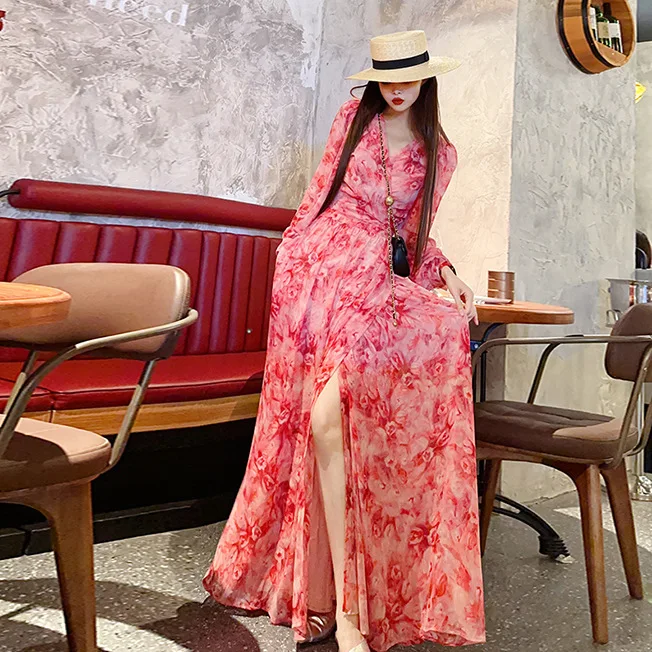 

Floral Sexy Vestidos Travel V-neck Young 2024 New Women Dresses Split Fall Long Sleeve Girdle Vacation Floral Dress Long Dresses