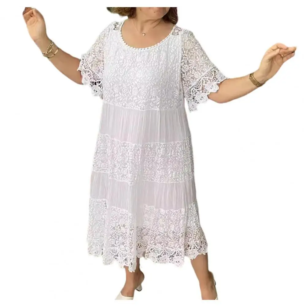 Robe mi-longue plissée de Style rétro, élégante, en dentelle, Patchwork, pour femmes, avec broderie de fleurs, col rond, courte pour le Shopping