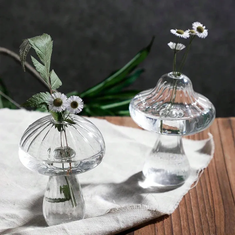 1pc Glass Flower Vase, Cute Clear Mushroom Design Vase For Home Decor