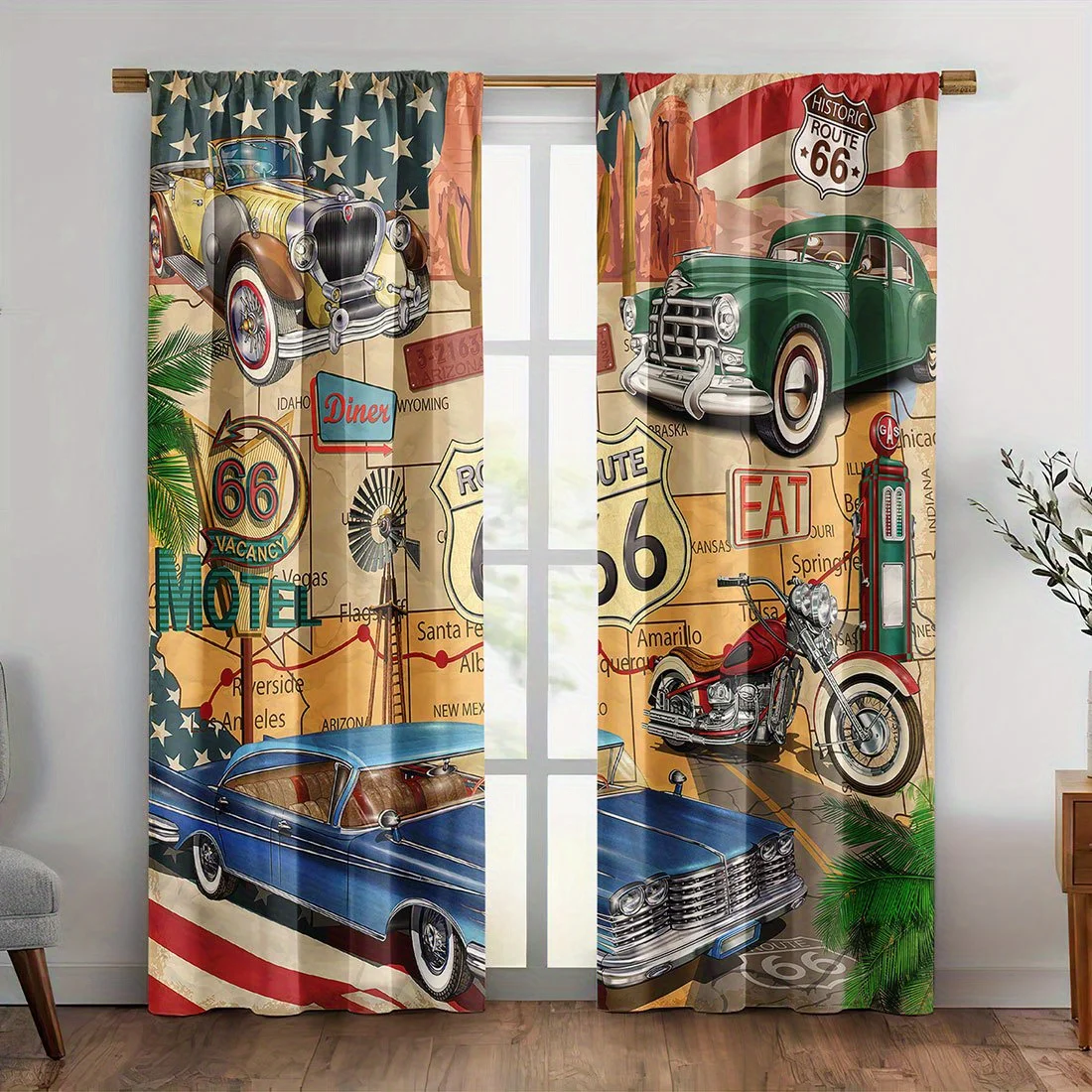 Retro Route 66 American Diner Curtains Vintage USA Travel Decor Road Trip Window Curtain Graphic Print for Living Room Bedroom