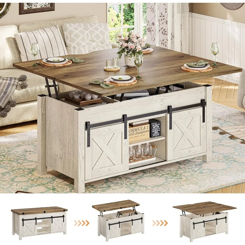 Lift Top Coffee Table, 4 in 1 Multi-Function Convertible Coffee Tables with Storage and Hidden Compartment, Farmhouse Coffee