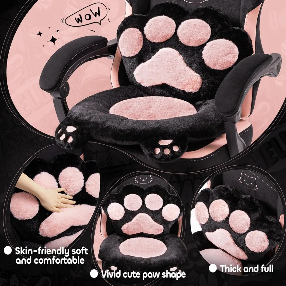 Pink gaming chair, cute cat ear claw waist pad, ergonomic computer chair with footrest, reclining computer gaming chair