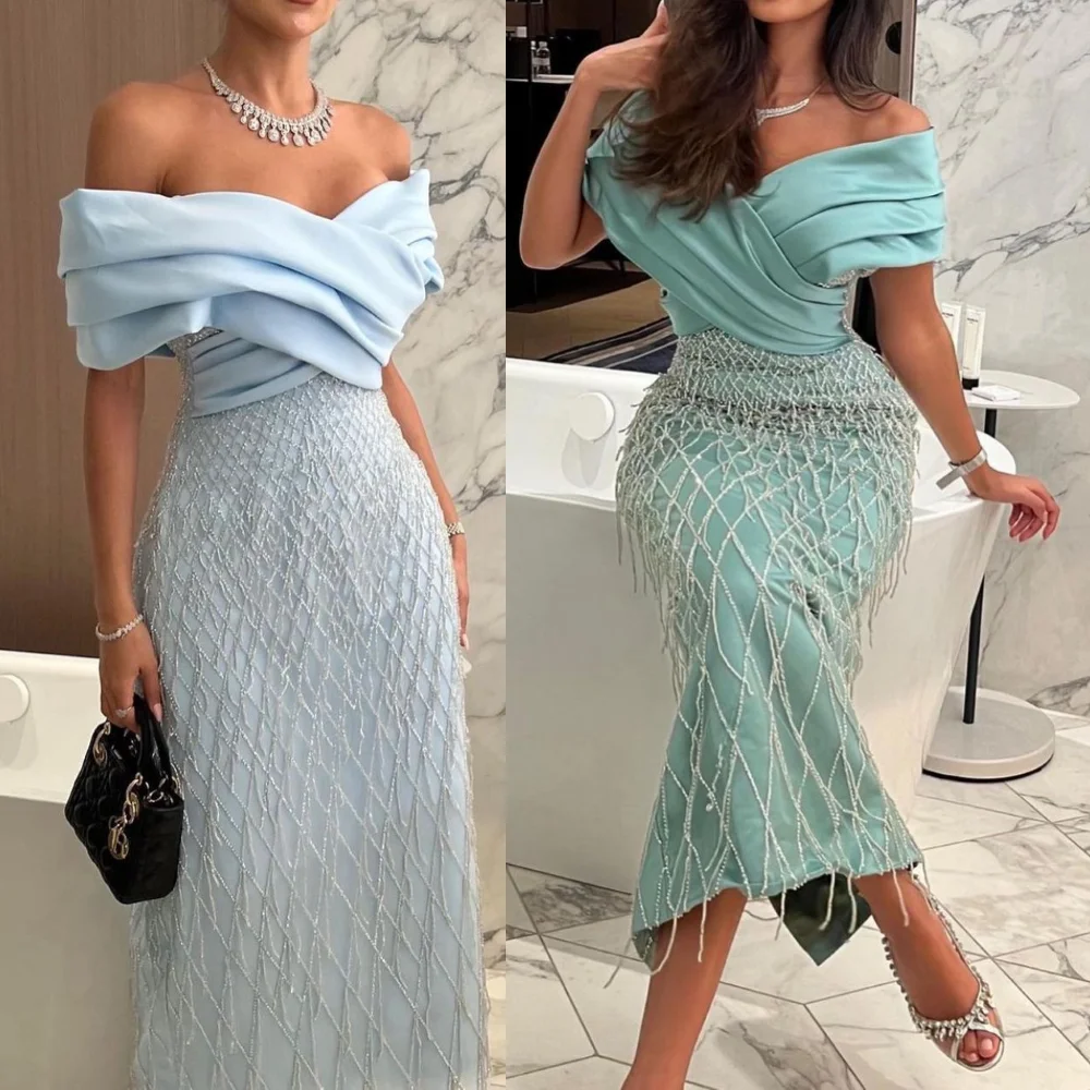 Elegant V-neck Mermaid Sequin Evening Dresses Pleated Off Shoulder Short Sleeves Party Gowns Prom Dresses vestidos de noche