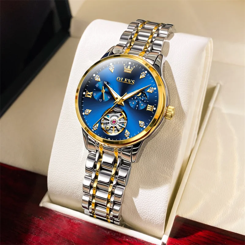 OLEVS الأصلي القمر المرحلة المرأة توربيون الساعات الميكانيكية السيدات الصلب ساعة اليد مقاوم للماء ساعة توربيون أوتوماتيكية