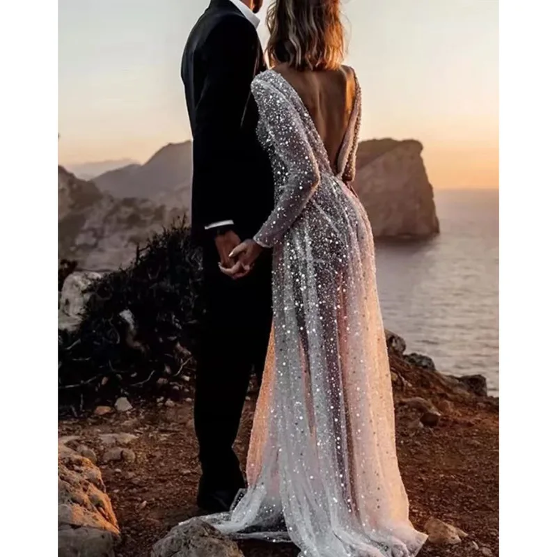 Sexy Edding Dress V Neck Long Sleeve A-Line Tulle Sweep Train Sequin Bridal Shower Dress Boho Wedding Dress 2025 Free Customized - Image 2
