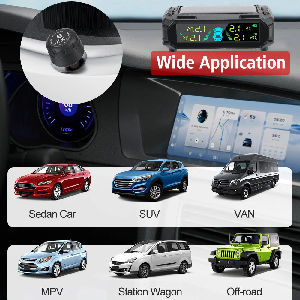 سيارة الشمسية TPMS نظام مراقبة ضغط الإطارات السيارات إنذار الأمن شاشة ديجيتال اختبار درجة حرارة الإطارات 4 أجهزة الاستشعار 433.9200MHz