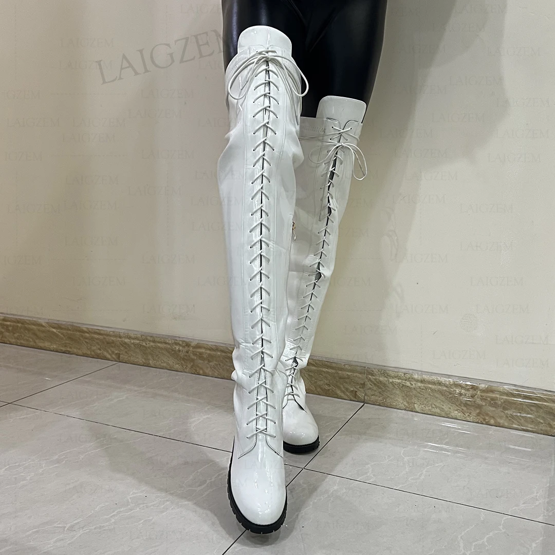 LAIGZEM Women Over Knee Boots Lace Up Round Toe Mid Thick Heels Boots Side Zip Handmade Unisex Shoes Woman Big Size 33 41 46 50