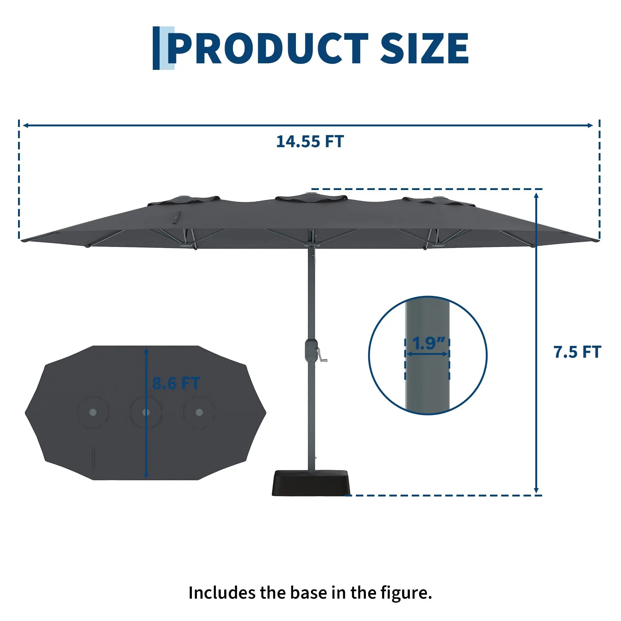 Outdoor Patio Umbrella 9x15ft with Base, Heavy Duty Rectangular Market Umbrella with 12 Ribs, UV Protection, Weather-Resistant Oxford Fabric Sun Shade for Garden, Backyard, Poolside, Balcony and Deck