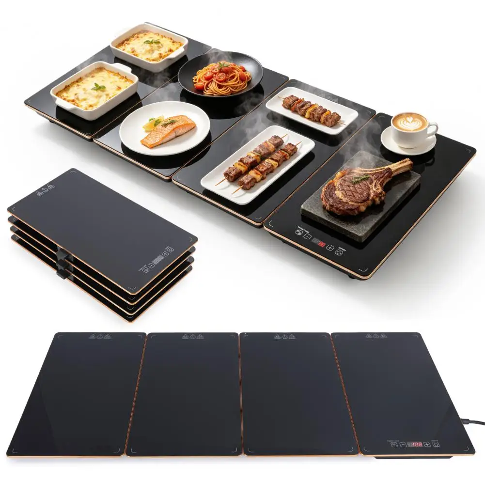 4PCS Winter Electric Food Warmer Tray, 24-hour Timer Food Tray, Modular Heat-Resistant Glass Surface Warming Mat