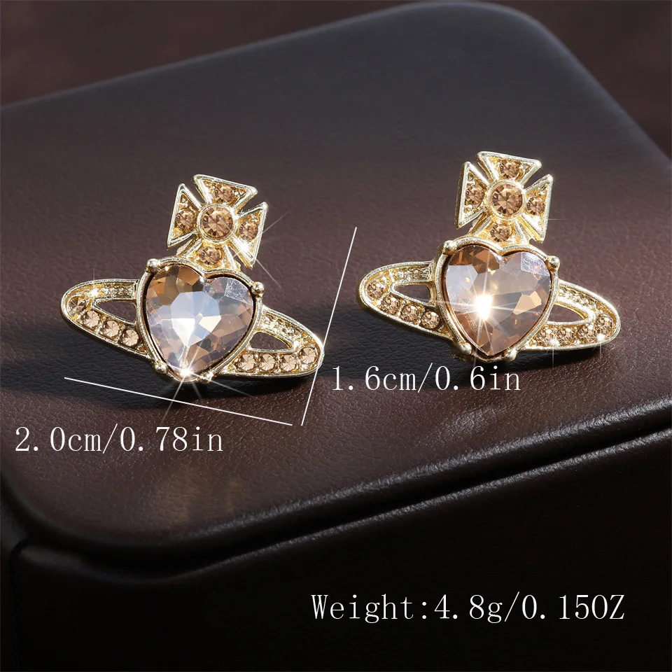 2024 Fashion Trendy Heart Zircon Planet Stud Earrings for Women Girls Sweet Cute Birthday Gift