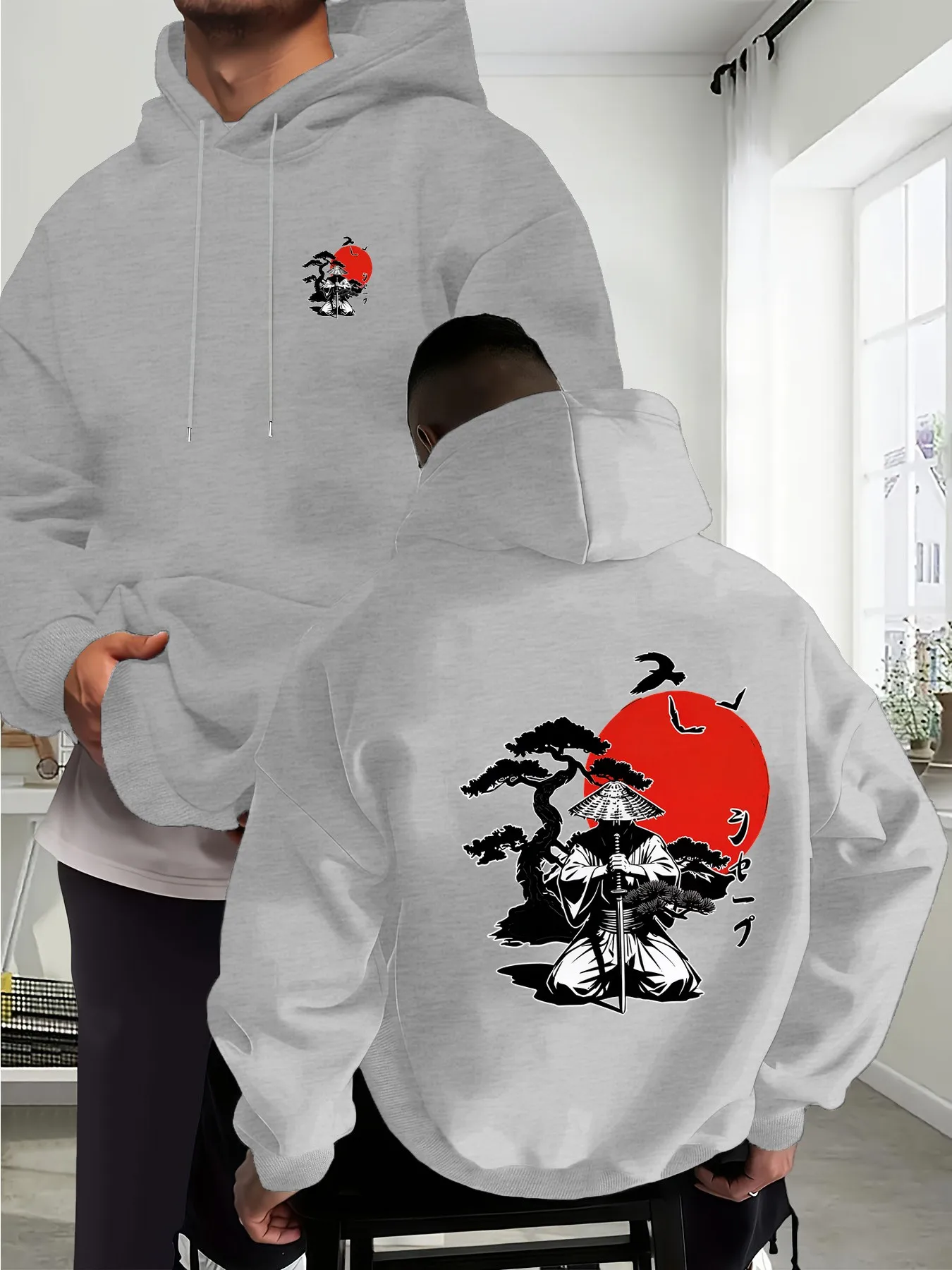 Fall/Winter Men's Hooded Sweatshirt, Japanese Samurai Cherry Blossom Print for Daily Commuting Fashion Thick Fleece Warm Hooded
