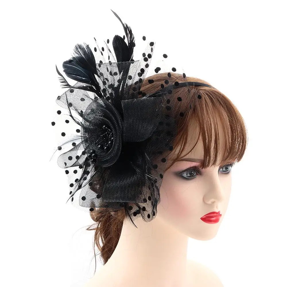 Stylish Mesh Flower Wedding Cocktail Fascinator Hat Tea Party Headband Feathers Hair Clip Alice Headband Clip for Women Girls