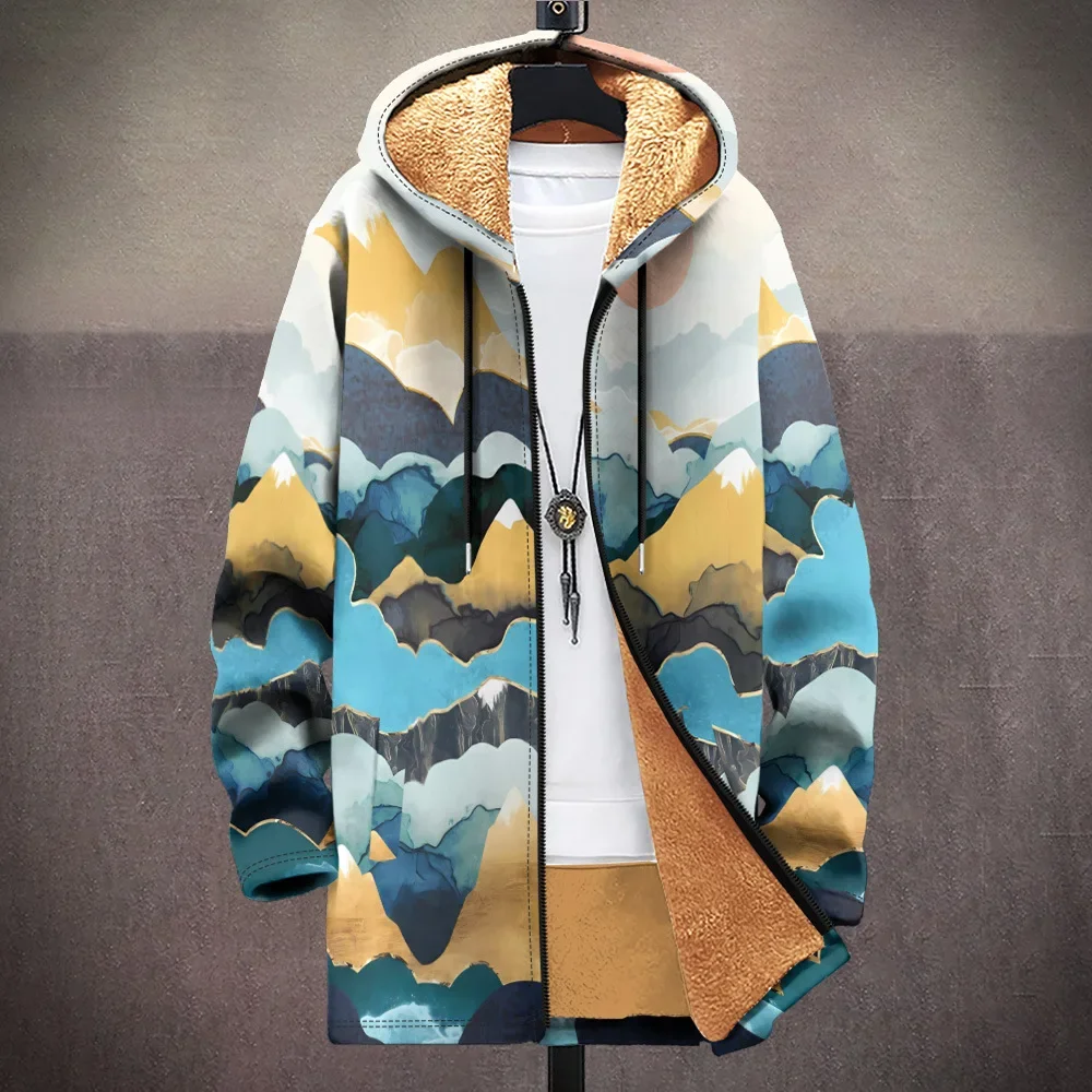 Men Cardigans Coats Mountains Honeycomb Art Graphics Printed Plush Thick Winter Jackets Casual Streetwear for Unisex Clothing