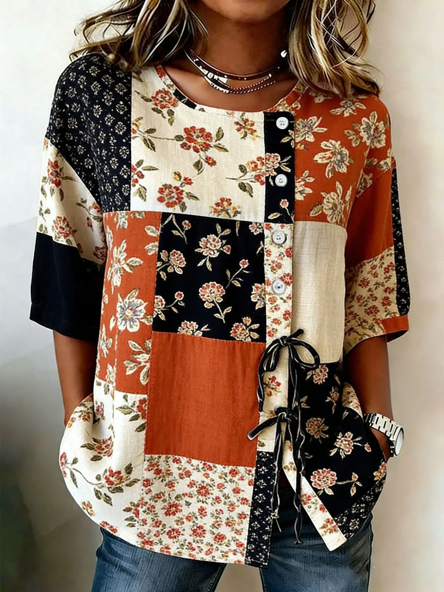 Women's Boho Floral Patchwork Drawstring Button Up Blouse, Casual Round Neck Tops for Spring Summer Daily Vacation Wear