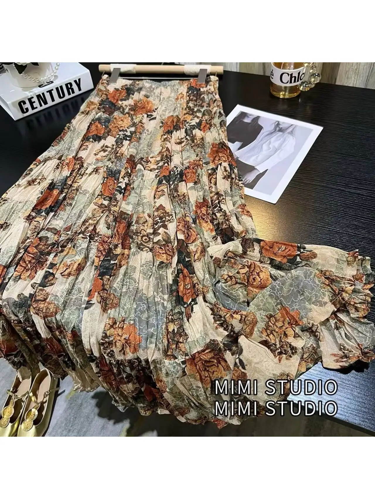 

Floral A-Line Midi Skirt High Waist Pleated Summer plus Size 300 Casual Versatile Long Skirt for plus Size Women