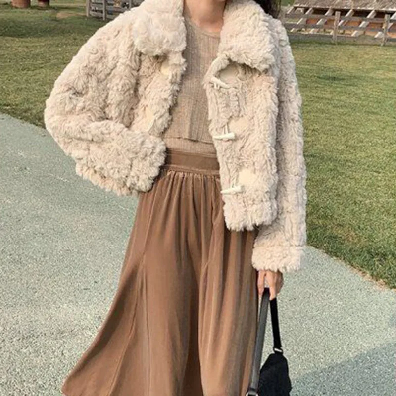 Xpqbb Korean Fashion Lamb Wool Jacket Women Autumn Winter Thicken Warm Short Faux Fur Coat Ladies Chic Horn Button Plush Outwear