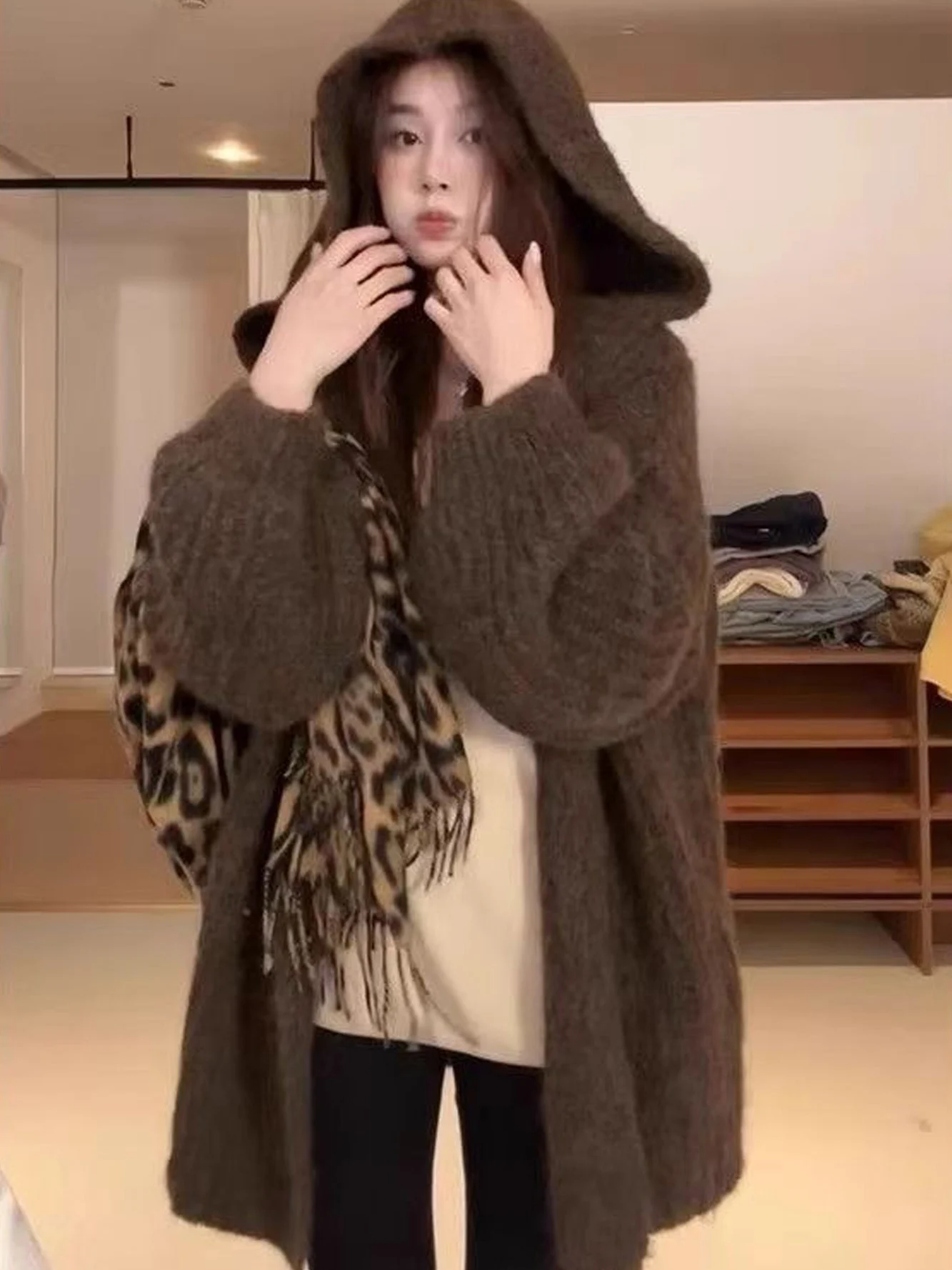 Ladies' Lazy Style Knitted Sweater Coat Loose Fit Hoodie Soft Comfortable High-End Feel Autumn New Arrival Open Cardigan