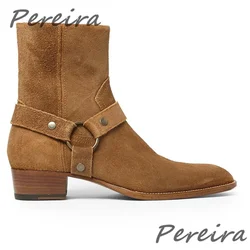 British Style Suede Chelsea Boots Men's Black Cowhide Metal Ring Ankle Booties Autumn Winter New Round Toe Side Zipper Men Shoes