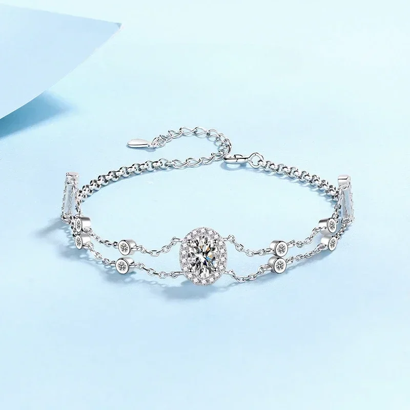 الكلاسيكية المرأة البلاتين PT950 سلسلة مزدوجة 1ct مويسانيتي Dcolor سوار مرصع بالألماس نمط شخصي لصديقة Ins مجوهرات