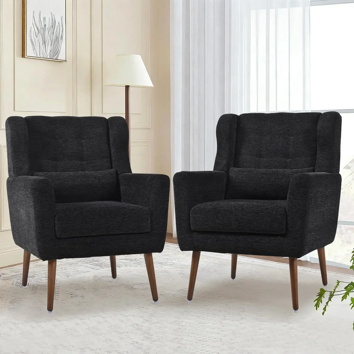 Accent Chair Set of 2, Upholstered Armchair with Pillow, Fabric Single Sofa Chair with Lounge Seat and Wood Legs Accent Chair fo