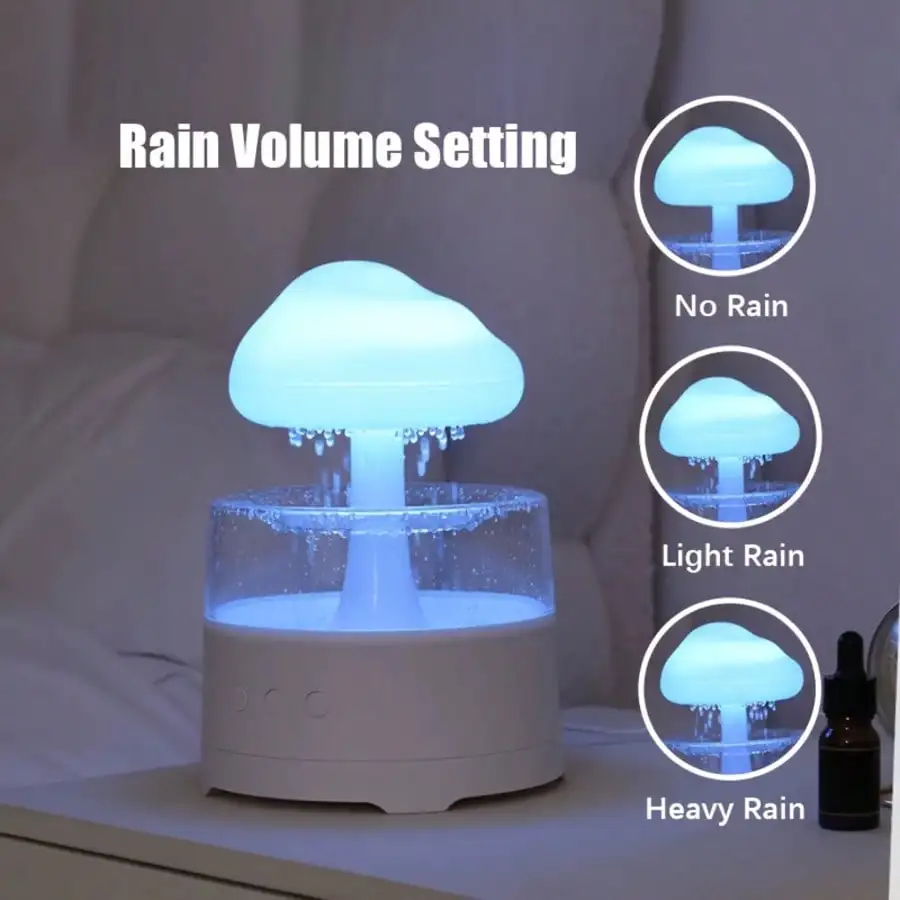 1pc Rain Cloud Aroma Diffuser, 7-Color Mushroom-Shaped Waterfall Night Light With Mist Humidifier And Desk Simulation Water Droplet Sound, USB-Powered (White)
