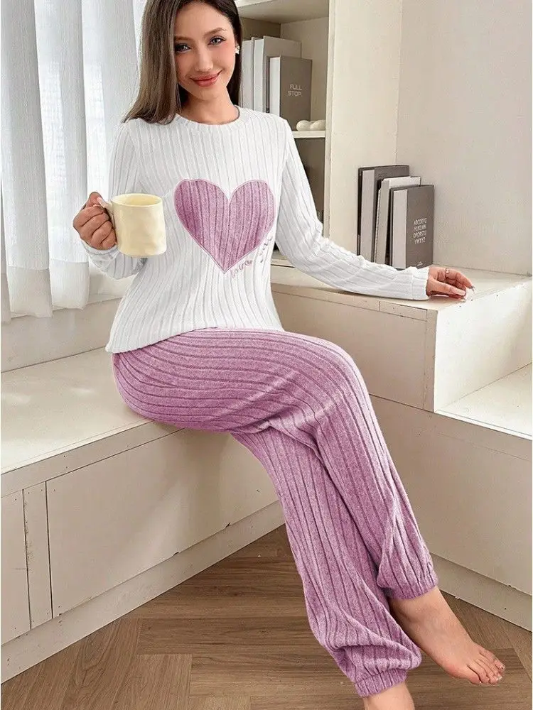Autumn Winter Sleepwear Women Pajamas Set Casual Heart Printed Long Sleeve Tops and Trouses Sets Homewear Loungewear