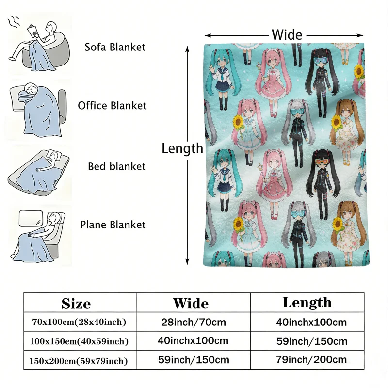 Hatsune Miku All Styles Flannel Throw Blanket Fans Bedroom Decor Cute Anime Nap Blanket Air Conditioner Throw Sofa Throw Cover
