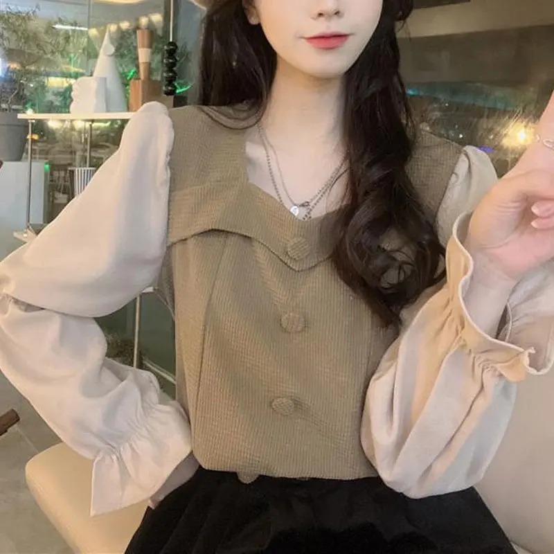 Vintage Elegant Square Collar Blouse Spring Autumn Long Sleeve Female Clothing Basic Stylish Button Patchwork Loose Korean Shirt