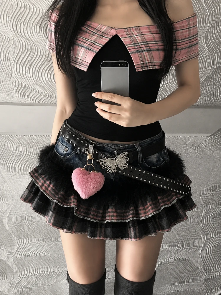 Women Vintage Denim Mini Skirt Leopard Print Punk Fashion Y2K Alternative Grunge Streetwear High Waist Slim Short Skirt Clothing