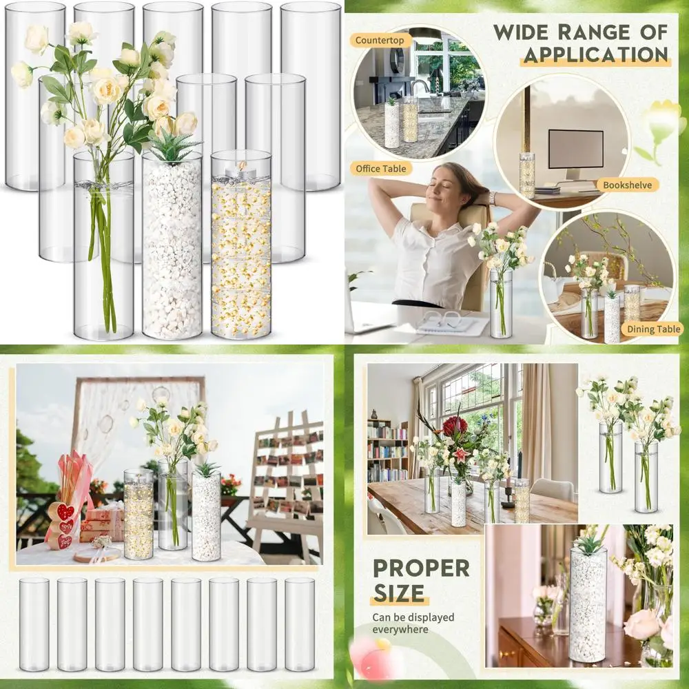 

10 Inch Clear Acrylic Cylinder Vase Set of 12 for Home Decor, Weddings, and Party Centerpieces